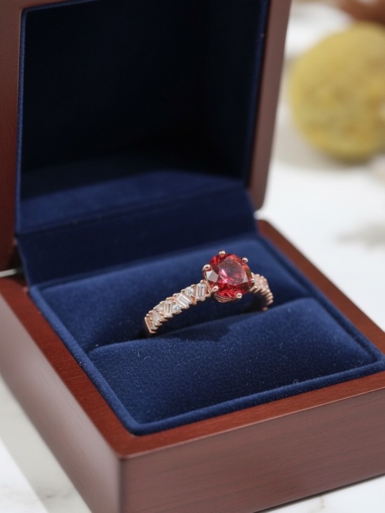 Amy Bee Jewey Jewelry - Rose Gold Plated Ring with Red Moissanite Stone.